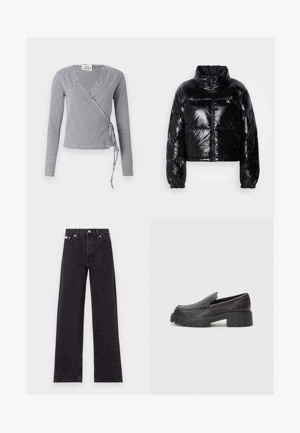 Zwarte pufferjack met een glanzende, gladde textuur, een cropped ontwerp, hoge kraag en elastische cuffs. Voorzien van een rits aan de voorkant en logo-detail.; Langsleeve wikkeltop gemaakt van gladde stof met marineblauw en witte strepen, V-hals en een striksluiting aan de linkerkant.; Zwarte wijde spijkerbroeken van denim, met een hoge taille, vijf-pocket stijl en een metalen knoopsluiting met contrasterende stiksels.; Zwarte leren instappers met een ronde neus, dikke getextureerde zool en minimale stikseldetails. Strak ontwerp zonder zichtbare veters of hardware.