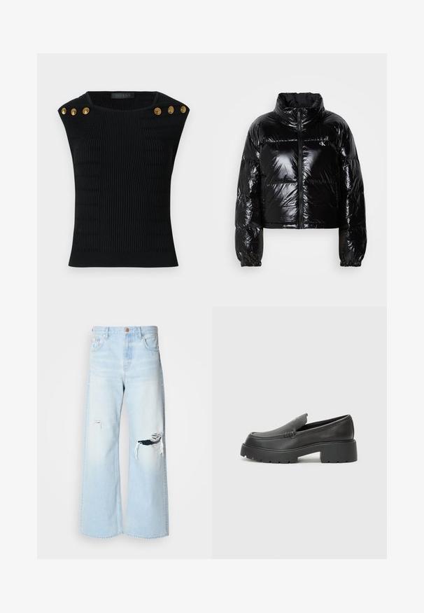 Črna puhovka z bleščečo, gladko teksturo, krojena zasnova, visok ovratnik in elastični manšeti. Ima sprednji zadrgo in detajl z logotipom.; Črna rebrasta pletena majica z zlatimi gumbi na ramalih. Ima teksturirane vzorce, prilagojen kroj in okroglo ovratnico.; Svetlo modri široki jeans hlače iz denima, z visokim pasom, velikimi raztrganinami na kolenih in klasičnim petim žepom s bakrenimi detajli.; Črne usnjene loafers čevlje z zaobljenim nosom, debelim teksturiranim podplatom in minimalnimi šivi. Elegantna zasnova brez vidnih vezalk ali kovinskih delov.