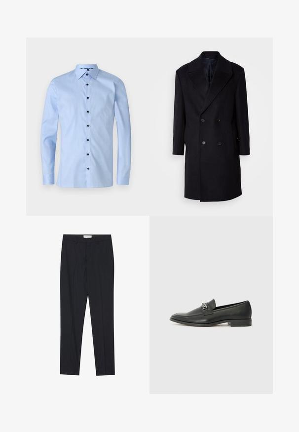 Fekete gyapjú, dupla soros kabát, nagy hegyes gallérral, két elülső zsebbel és hat gombbal. Texturált anyag sima bélésbéleléssel.; Világoskék hosszú ujjas ing, texturált mintával, hegyes gallérral és hat fekete gombbal az elején.; Fekete, szabott nadrág, lapos elejű, normál szabású, sima anyagból készült, gyűrt pliszével és oldalsó zsebekkel.; Fekete bőr loaferek sima felülettel, varrott mintával és díszítő fém lánccal a cipő elején. Lapos sarok.