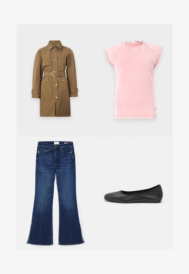 Brązowy trencz z paskiem, z kołnierzem, zamkiem z przodu, zatrzaskami i bocznymi kieszeniami, charakteryzujący się gładką fakturą i prostym krojem.; Różowy bezrękawnik z miękkiego materiału, z okrągłym dekoltem i surowymi krawędziami otworów na ramiona, z kontrastowymi detalami stębnowania.; Ciemnoniebieskie dżinsy z rozszerzanymi nogawkami, wykonane z denimu. Posiadają wysoki stan, przednie kieszenie i rozcięcia na dole nogawek. Klasyczny pięciokieszeniowy fason.; Czarne skórzane baletki z zaokrąglonym noskiem, gładką fakturą, minimalnymi przeszyciami i elastycznym designem podeszwy.