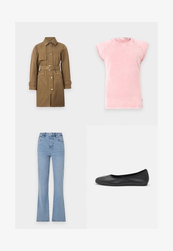 Hnědý trenčkot s páskem a límcem, předním zipem, cvokovými knoflíky a bočními kapsami, se hladkou texturou a rovnými liniemi.; Růžové bezrukávové tričko z jemné látky, s kulatým výstřihem a surovými okraji průramků s kontrastním stehem.; Světle modré zvonové džíny s vysokým pasem, vyrobené z denimu. Obsahují přední zapínání na knoflík a zip a viditelné švy podél švů.; Černé kožené baletní byty s kulatou špičkou, hladkou texturou, minimálními švy a flexibilním designem podrážky.