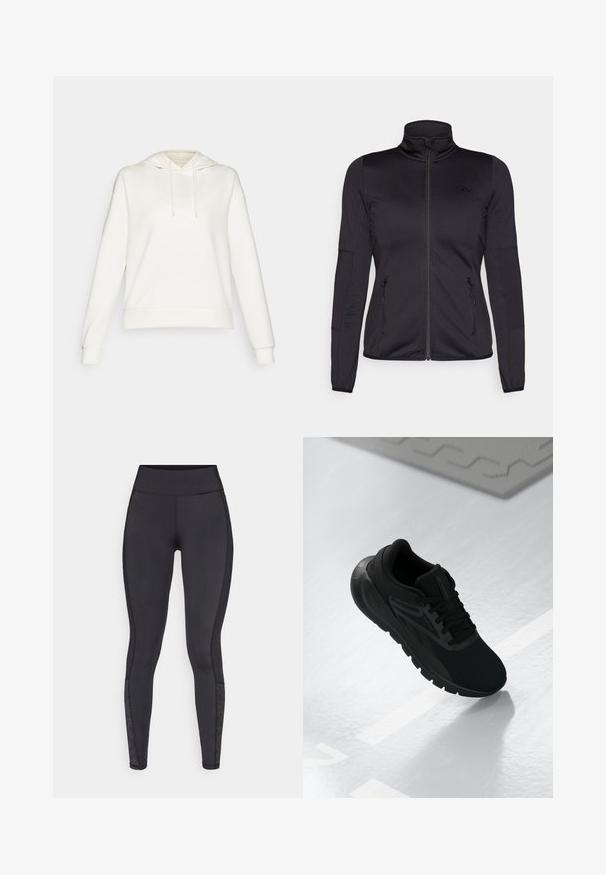 Must ehk üles tõmmatav jakk, millel on kõrge krae, valmistatud siledast ja venivast kangast, millel on kaks lukuga esikotid ja tekstureeritud varrukad.; Valge kapuutsiga fliis, millel on paelaga kapuuts, pikad varrukad ja soonikkoes mansetid. Omaduseks on sile kangastekstuuri ja mugav lõige.; Mustad mustad, mis on valmistatud venivast materjalist. Kõrge vöökoht, sile tekstuur, millel on mustritooted sääres.; Mustvalge spordijalats, millel on võrgusilma ülemine osa, ümmargune nina, pehme talla ja tekstuuriga aktsendid, asetatuna siledale valgele pinnale.