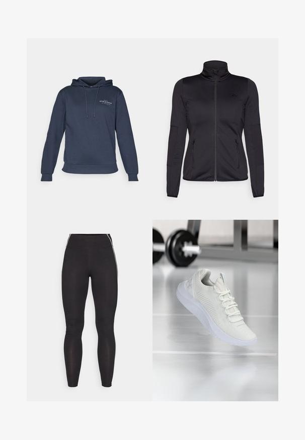 Fekete cipzáras dzseki magas gallérral, sima, rugalmas anyagból készült, elöl két cipzáras zsebbel és texturált ujakkal.; Sötétkék kapucnis pulóver, puha szövetből készült, elülső kenguruzsebbel, állítható húzózsinórral a kapucnin és diszkrét fehér logóval a mellen.; Fekete leggings rugalmas anyagból, magas derekú fazonban. Fehér oldalsávokkal rendelkezik, sima tapintású.; Fehér sportcipő, texturált hálós felsőrésszel és fűzős rendszerrel, párnázott fehér talppal és finom bordázott részletekkel.