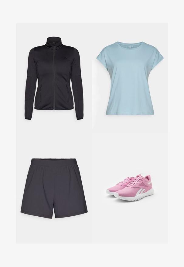 Svart zip-up jacka med hög krage, tillverkad av mjukt, stretchigt tyg, med två fickor framtill som stängs med dragkedja och texturerade ärmar.; Ljusblå kortärmad t-shirt i mjukt tyg. Har rund halsringning, avslappnad passform och stickade fållar. Inga mönster eller dekorationer.; Svarta träningsshorts tillverkade av lätt, stretchig textil. Har en elastisk midjeresår och en enkel, odekorerad design.; Reebok FLEXAGON ENERGY TR 4 - Träningsskor - rose