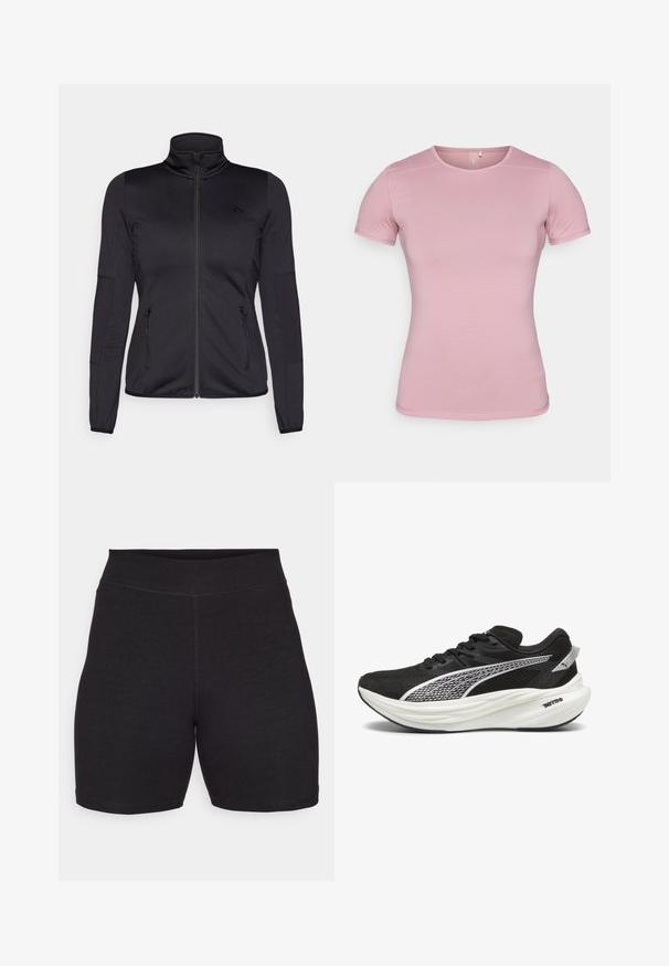 Sort zip-jakke med høj krave, fremstillet af glat, strækbart stof, med to lynlåslommer foran og strukturerede ærmer.; T-shirt med korte ærmer i blød lyserød farve, tekstureret stof med tætsiddende pasform. Har rund hals og standard kant uden dekorative elementer.; Sorte cykelshorts med høj talje, lavet af strækbart, blødt stof. Har flade sømme og en glat overflade for komfort.; Sorte sportsko med en mesh-overdel, reflekterende sølvaccenter, tyk hvid polstret mellemsål og sort gummisål.