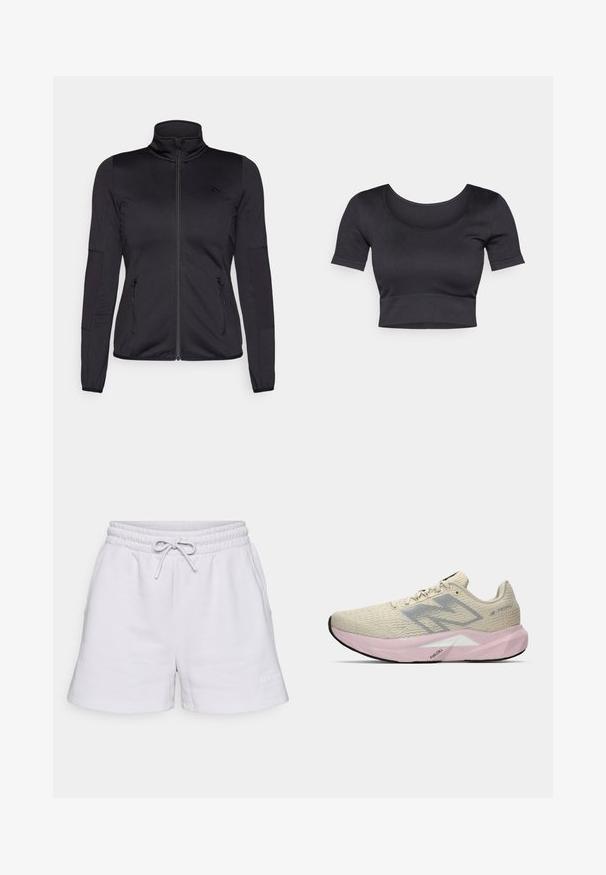 Jachetă neagră cu fermoar, cu guler înalt, confecționată dintr-un material neted și elastic, având două buzunare frontale cu fermoar și mâneci texturate.; Top crogat negru cu nervuri, cu mâneci scurte, guler larg rotund și o bandă ajustată la baza acestuia. Textură moale, design casual.; Pantaloni scurți atletici gri deschis, dintr-un material moale, cu un elastic în talie și șnur, buzunare laterale și un detaliu discret cu logo.; Adidași de alergare bej deschis cu logo-ul gri "N", talpă roz etichetată "FuelCell" și toc texturat, expuși pe un fundal alb.