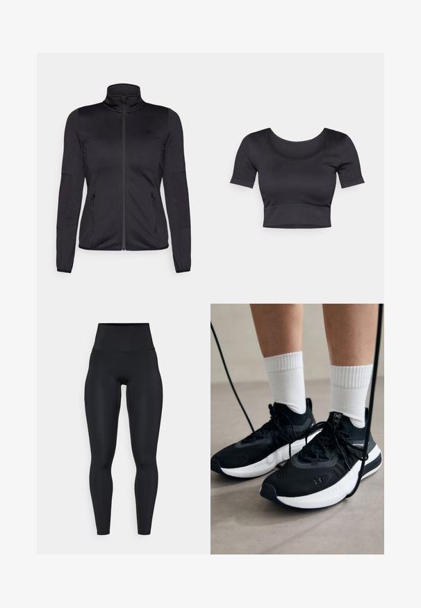 Jaqueta preta com fecho éclair e gola alta, feita de um tecido liso e elástico, apresentando dois bolsos frontais com fecho éclair e mangas texturizadas.; Top curto preto com nervuras, mangas curtas, decote redondo largo e uma faixa ajustada na parte inferior. Textura suave, design casual.; Leggings pretos de cintura alta feitos de material elástico, com uma textura suave, forma ajustada e detalhe de bolso lateral.; Sapatilhas desportivas pretas com tecido texturizado, sola branca e atacadores pretos. Usadas com meias brancas caneladas, a pé sobre uma superfície clara.