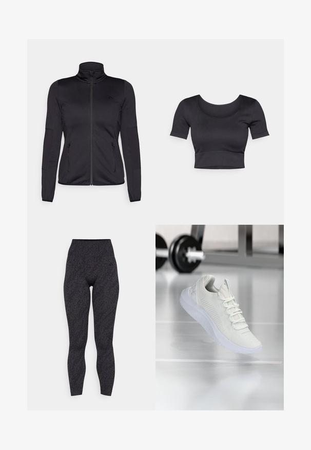 Juoda zip-up striukė su aukštu apykakle, pagaminta iš lygaus, elastingo audinio, turinti dvi užtrauktukais uždaromas priekinės kišenes ir tekstūruotas rankoves.; Juodas raštuotas trumpas viršus su trumpomis rankovėmis, plačiu apvaliu iškirpimu ir prigludusia juosta apačioje. Minkšta tekstūra, laisvalaikio dizainas.; Aukštai juosmens juodi leggingai su tekstūruotu leopardų raštu, pagaminti iš tamprios medžiagos, skirti komfortui ir lankstumui.; Balti sportiniai batai su tekstūruota tinklelio viršutine dalimi ir raištelių sistema, turintys paminkštintą baltą pado ir subtilius įdubimus.