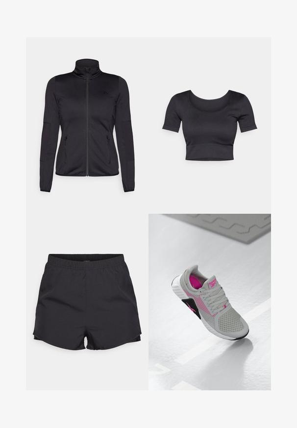Jachetă neagră cu fermoar, cu guler înalt, confecționată dintr-un material neted și elastic, având două buzunare frontale cu fermoar și mâneci texturate.; Top crogat negru cu nervuri, cu mâneci scurte, guler larg rotund și o bandă ajustată la baza acestuia. Textură moale, design casual.; ONLY Play ONPSPACE LIFE LOOSE SHORTS - Pantaloni scurți sport - black/pumice stone; Adidași sport Reebok gri și roz, cu partea superioară din plasă și talpă detaliată, expuși pe o suprafață albă reflexivă.