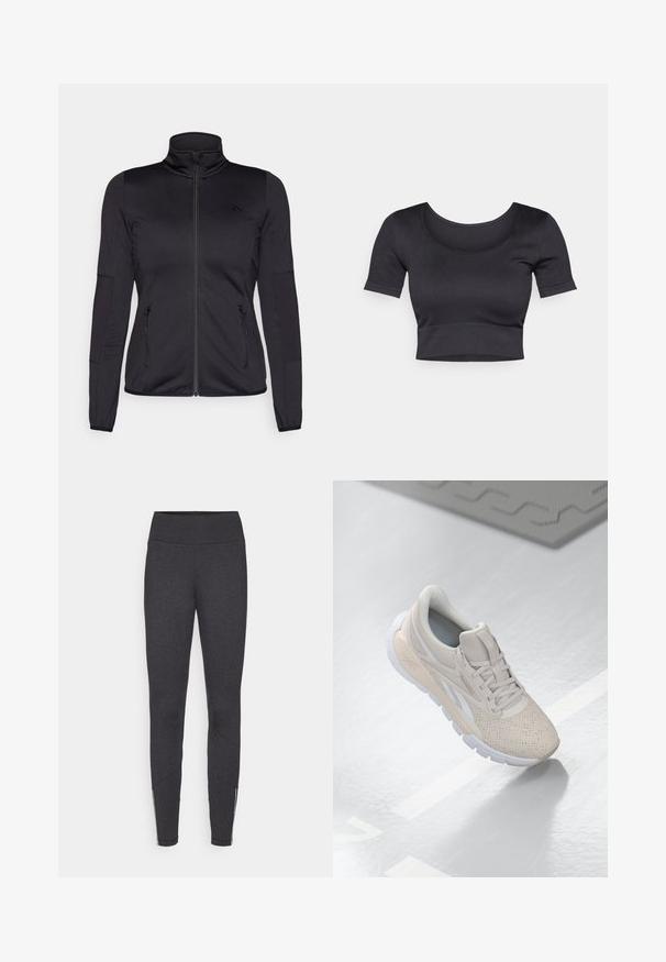 Čierna zipsová bunda s vysokým golierom, vyrobená z hladkého, elastického materiálu, so zipsovými prednými vreckami a štruktúrovanými rukávmi.; Čierny rebrovaný krátky top s krátkymi rukávmi, širokým okrúhlym výstrihom a fitted pásom na dne. Mäkká textúra, ležérny dizajn.; Tmavošedé legíny s vysokým pásom, vyrobené z elastického materiálu, s bočnými zipsami na členkoch a hladkou textúrou.; Svetlo béžová atletická obuv s perforovaným zvrškom, textúrovanými akcentmi, polstrovaným golierom a bielou gumovou podrážkou, navrhnutá pre pohodlie a priedušnosť.