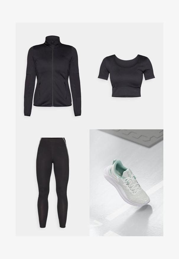 Must ehk üles tõmmatav jakk, millel on kõrge krae, valmistatud siledast ja venivast kangast, millel on kaks lukuga esikotid ja tekstureeritud varrukad.; Must have rõngaste ja lühikeste varrukatega must ribakujundusega topsi, millel on lai ümar dekoltee ja madal vöökoht. Pehme tekstuur, juhuslik disain.; Mustad mustad retuusid, mis on valmistatud venivast materjalist ja kõrge vöökoht. Omab valgeid külgkreedo ja ühtlast tekstuuri.; Heledad hallitushallide spordijalanõud tekstuurse kudumise ülaosaga, mündiroheline aktsent, valged nöörid, kummist tald ja tõmblõng kandmisel.