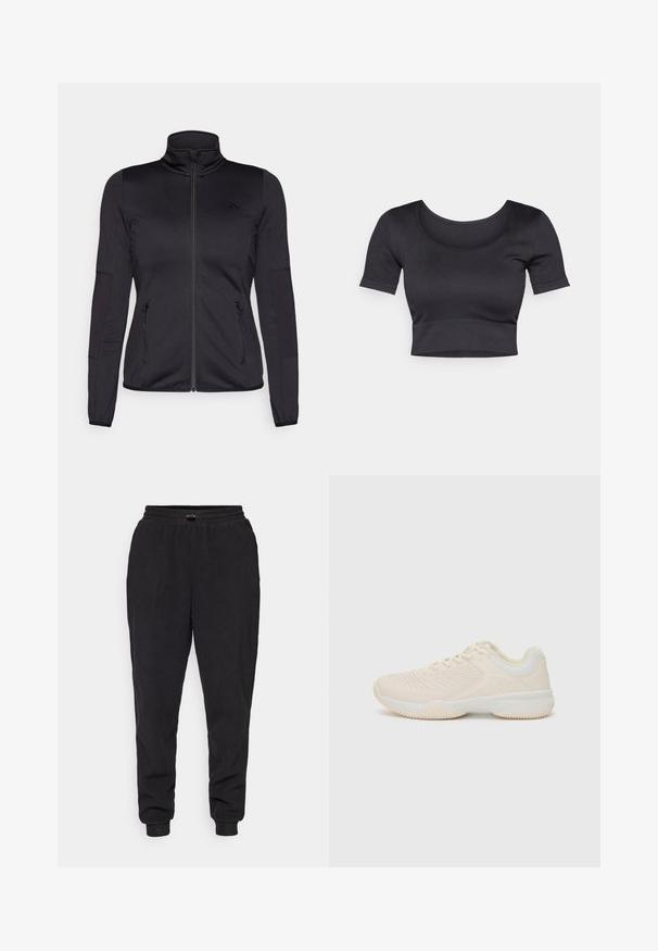 Černá bunda na zip s vysokým límcem, vyrobená z hladkého, elastického materiálu, se dvěma předními kapsami na zip a texturovanými rukávy.; Černý žebrovaný top s krátkými rukávy, širokým kulatým výstřihem a přiléhavým lemem na spodní části. Měkká textura, neformální design.; Černé tepláky vyrobené z měkké látky, s volným střihem, elastickým pasem s nastavitelnou šňůrkou a nohavicemi na manžety.; Svetle béžová sportovní bota s texturovaným svrškem, kontrastními bílými akcenty, kulatou špičkou a flexibilní gumovou podrážkou.