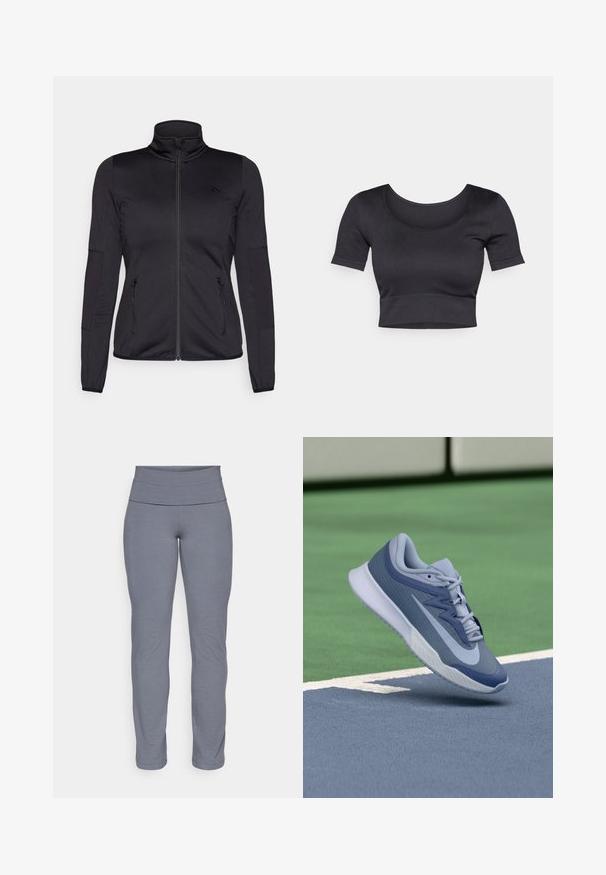 Svart zip-up jacka med hög krage, tillverkad av mjukt, stretchigt tyg, med två fickor framtill som stängs med dragkedja och texturerade ärmar.; Svart ribbad kort topp med korta ärmar, bred rund halsringning och en figurnära nederdel. Mjuk textur, avslappnad design.; Grå atletiska leggings med en bred, mjuk midja och en åtsittande, avsmalnande bendesign. Tillverkade av ett mjukt, stretchigt tyg.; Sportssko i ljusblått och marinblått, med en texturerad överdel, platta snören och en lätt vit sula. Höjd över en spelplan.