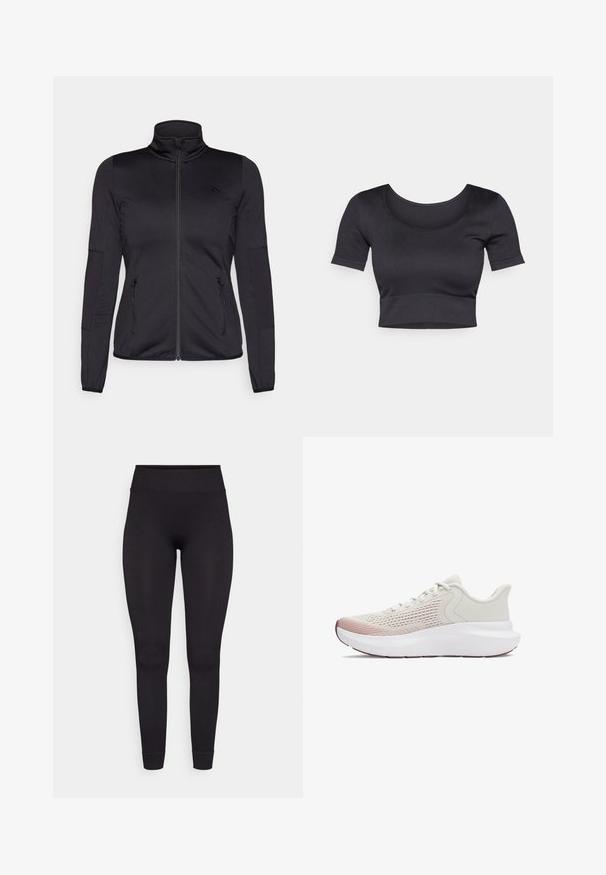 Giacca zip-up nera con colletto alto, realizzata in un tessuto liscio e elasticizzato, dotata di due tasche frontali con zip e maniche strutturate.; Top corto a coste nero con maniche corte, scollatura rotonda ampia e fascia aderente nella parte inferiore. Tessuto morbido, design informale.; Leggings neri a coste con vita alta, materiale elastico e design aderente, che si stringono alla caviglia senza motivi o accenti aggiuntivi.; Scarpe sportive leggere con una tomaia in rete bianca traspirante, accenti rosa sfumati e una spessa suola bianca con dettagli testurizzati.