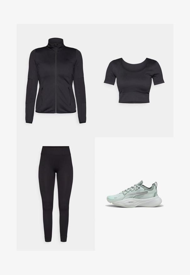 Crna jakna s patentnim zatvaračem i visokim ovratnikom, napravljena od glatkog, rastezljivog materijala, s dva prednja džepa na patentni zatvarač i teksturiranim rukavima.; Crna rebrasta kratka majica s kratkim rukavima, širokim okruglim izrezom i pripijenim pojasom na dnu. Mekana tekstura, ležeran dizajn.; Crne rebraste tajice s visokom strukom, rastezljivi materijal i prilagođen dizajn, sužavaju se na gležnjevima bez dodatnih uzoraka ili naglasaka.; Svijetlozelena trkačka cipela s mrežastim gornjim dijelom koji propušta zrak, jastučićem u potplatu, reflektirajućim detaljima i podstavljeni ovratnik za udobnost.