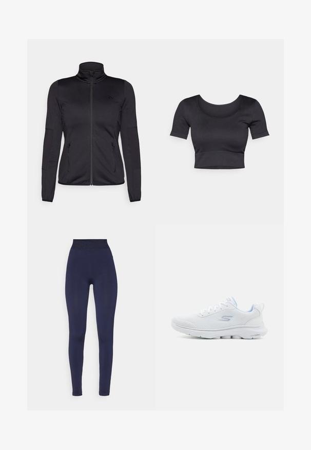 Jaqueta preta com fecho éclair e gola alta, feita de um tecido liso e elástico, apresentando dois bolsos frontais com fecho éclair e mangas texturizadas.; Top curto preto com nervuras, mangas curtas, decote redondo largo e uma faixa ajustada na parte inferior. Textura suave, design casual.; Leggings azul-marinho com uma cintura alta, apresentando uma faixa elástica texturizada. Design justo com tecido suave e sem costuras visíveis.; Shoe atlético branco com um cabedal em malha respirável, detalhes em azul claro e uma sola almofadada com um padrão de aderência texturizado.