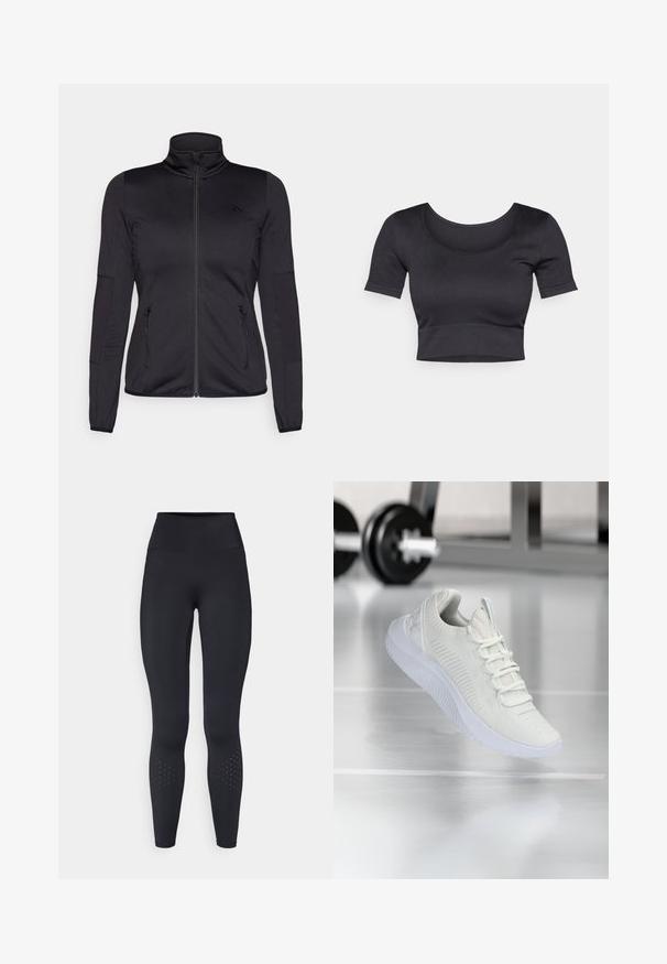 Černá bunda na zip s vysokým límcem, vyrobená z hladkého, elastického materiálu, se dvěma předními kapsami na zip a texturovanými rukávy.; Černý žebrovaný top s krátkými rukávy, širokým kulatým výstřihem a přiléhavým lemem na spodní části. Měkká textura, neformální design.; Černé legíny s vysokým pasem vyrobené z elastického materiálu, s hladkou texturou a perforovanými designovými akcenty blízko kotníků.; Bílé atletické tenisky s texturovaným síťovým svrškem a systémem šněrování, s polstrovanou bílou podrážkou a jemnými žebrovanými detaily.