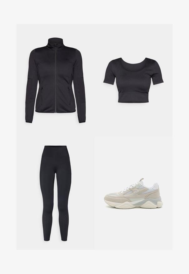 Melns zip-up jakas ar augstu apkakli, izgatavota no gludas, elastīgas auduma, ar divām kabatām priekšpusē ar rāvējslēdzējiem un teksturētām piedurknēm.; Melnas ribotas īsās piedurknes apgrieztais tops ar plašu apaļu dekoltē un pieguļošu joslu apakšā. Maiga tekstūra, ikdienišķs dizains.; Melnas augsta josta legingu bikses, kas izgatavotas no elastīga materiāla, ar gludu tekstūru un perforētiem dizaina akcentiem tuvu potītēm.; Beigā un baltā krāsā sporta apavi, izgatavoti no zamša un acs auduma, ar masīvu zoli, auklu aizdari un logotipu sānos.