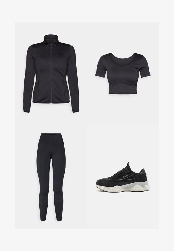 Black zip-up jacket with a high collar, constructed from smooth, stretchy fabric, featuring two zippered front pockets and textured sleeves.; Black ribbed cropped top with short sleeves, wide round neckline, and a fitted band at the bottom. Soft texture, casual design.; Black high-waisted leggings made from stretchy material, featuring a smooth texture and perforated design accents near the ankles.; Black sneakers made of mesh and suede, featuring thick sole, rounded shape, subtle grey accents, and branded logo on the side.