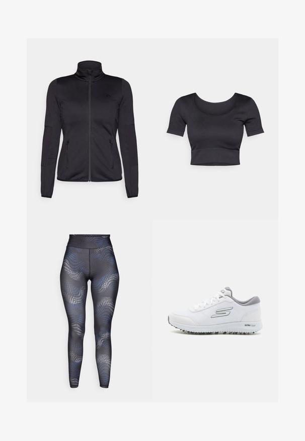 Black zip-up jacket with a high collar, constructed from smooth, stretchy fabric, featuring two zippered front pockets and textured sleeves.; Black ribbed cropped top with short sleeves, wide round neckline, and a fitted band at the bottom. Soft texture, casual design.; Black leggings with a wavy blue and gray pattern, high waistband, smooth texture, and a form-fitting shape designed for activewear.; White athletic shoes with a textured mesh upper, silver accents, and a lightweight sole featuring small traction studs, labeled "ULTRA FLIGHT."