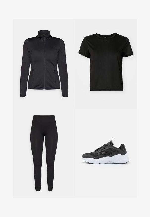 Juoda zip-up striukė su aukštu apykakle, pagaminta iš lygaus, elastingo audinio, turinti dvi užtrauktukais uždaromas priekinės kišenes ir tekstūruotas rankoves.; Juodas trumpomis rankovėmis marškinėliai, pagaminti iš lygios medžiagos, su apvaliais iškirpimais ir laisvu siluetu. Turi minimalų dizaino akcentą.; Juodos juostuotos leggingos su aukštu juosmeniu, elastingu medžiaga ir prigludusia konstrukcija, siaurėjančios prie kulkščių be papildomų raštų ar akcentų.; Juodų sportinių batelių su tinkliniu ir sintetiniu paviršiumi, turinčių baltą gumos pado, apvalią formą ir išsiskiriantį logotipą ant šono.