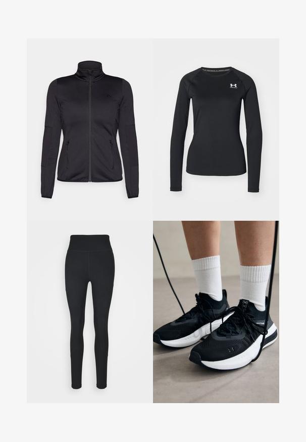Jaqueta preta com fecho éclair e gola alta, feita de um tecido liso e elástico, apresentando dois bolsos frontais com fecho éclair e mangas texturizadas.; Camisola atlética de manga longa preta, feita de tecido suave, com decote redondo e um pequeno logótipo branco no lado esquerdo do peito.; Leggings pretos feitos de tecido elástico, com uma cintura alta, painéis canelados nos lados e um design ajustado que se afunila nos tornozelos.; Sapatilhas desportivas pretas com tecido texturizado, sola branca e atacadores pretos. Usadas com meias brancas caneladas, a pé sobre uma superfície clara.