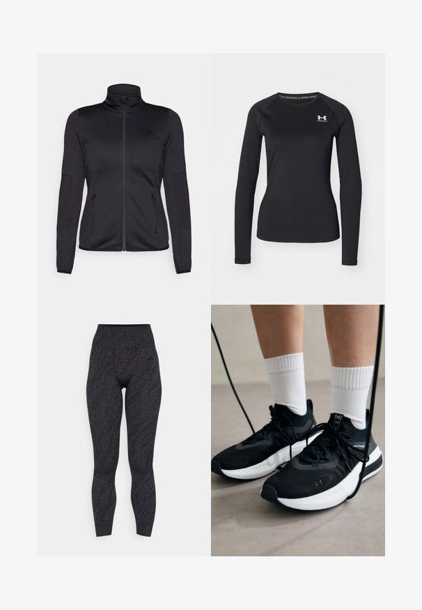 Melns zip-up jakas ar augstu apkakli, izgatavota no gludas, elastīgas auduma, ar divām kabatām priekšpusē ar rāvējslēdzējiem un teksturētām piedurknēm.; Melna garām piedurknēm sporta krekls, izgatavots no izlīdzinātas auduma, ar apaļu kakla izgriezumu un mazu baltu logotipu kreisajā krūtī.; Augstās jostas melnas legingi ar teksturētu leopardu rakstu, izgatavoti no elastīga materiāla, kas paredzēti komfortam un elastībai.; Melni sporta apavi ar strukturētu audumu, balta zole un melni šņores. Valkāti ar baltām ribotām zeķēm, stāvot uz gaišas virsmas.