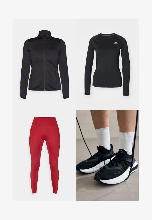 Černá bunda na zip s vysokým límcem, vyrobená z hladkého, elastického materiálu, se dvěma předními kapsami na zip a texturovanými rukávy.; Černé sportovní tričko s dlouhým rukávem vyrobené z hladkého materiálu, s kulatým výstřihem a malým bílým logem na levém prsu.; Červené sportovní legíny s vysokým pasem, hladkým povrchem a přiléhavým střihem. Obsahují ploché švy pro pohodlí a elegantní vzhled.; Černé sportovní boty s texturovanou tkaninou, bílou podrážkou a černými tkaničkami. Nosené s bílými žebrovanými ponožkami, stojící na světlém povrchu.