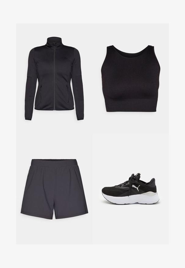 Zwarte zip-up jas met hoge kraag, gemaakt van een gladde, rekbare stof, met twee met rits gesloten voorzakken en gestructureerde mouwen.; Zwarte geribbelde crop top met een hoge halslijn en brede armsgaten, uitgevoerd in een zachte, rekbare stof voor comfort en een naadloos ontwerp.; Zwarte sportieve shorts van een lichtgewicht, rekbaar materiaal. Voorzien van een elastische tailleband en een eenvoudig, onversierd ontwerp.; Zwarte sport sneaker met een mesh bovenwerk, witte middenzool, ronde neus en vetersluiting. Kenmerkt zich door een opvallend logo op de zijkant en getextureerde accenten.