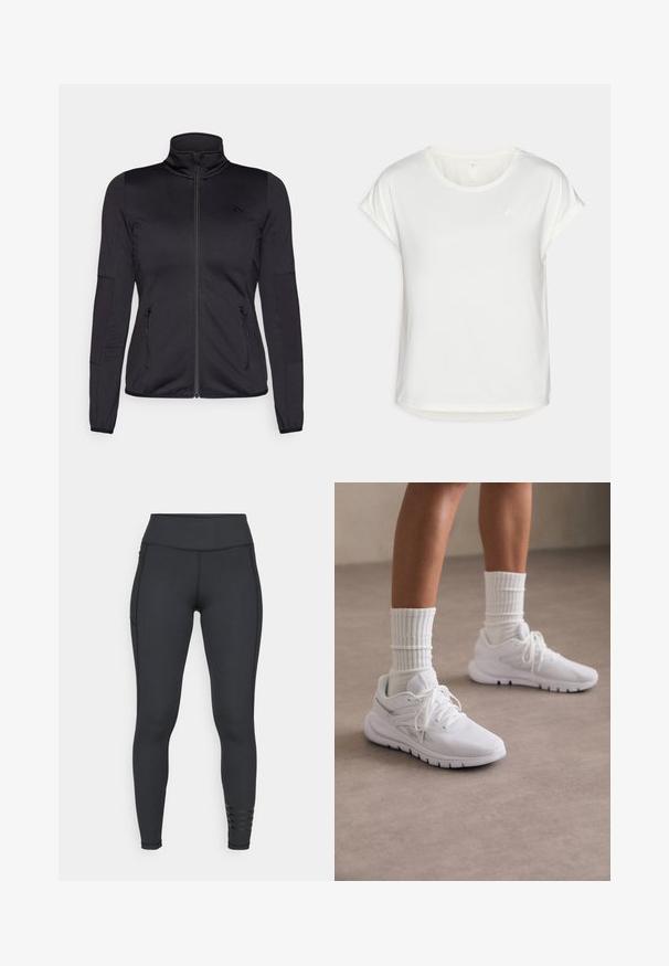 Sort zip-jakke med høj krave, fremstillet af glat, strækbart stof, med to lynlåslommer foran og strukturerede ærmer.; Hvid t-shirt med korte ærmer og rund hals, lavet af glat stof. Har rullede ærmer og et subtilt logodetalje på brystet.; Sorte leggings lavet af strækbart materiale, med høj talje, slankt design og stribede accenter nær anklen.; Hvide atletiske sko med struktureret stof, snørebånd og sølvdetaljer, parret med hvide ribbede sokker, sat mod en neutral gulv.