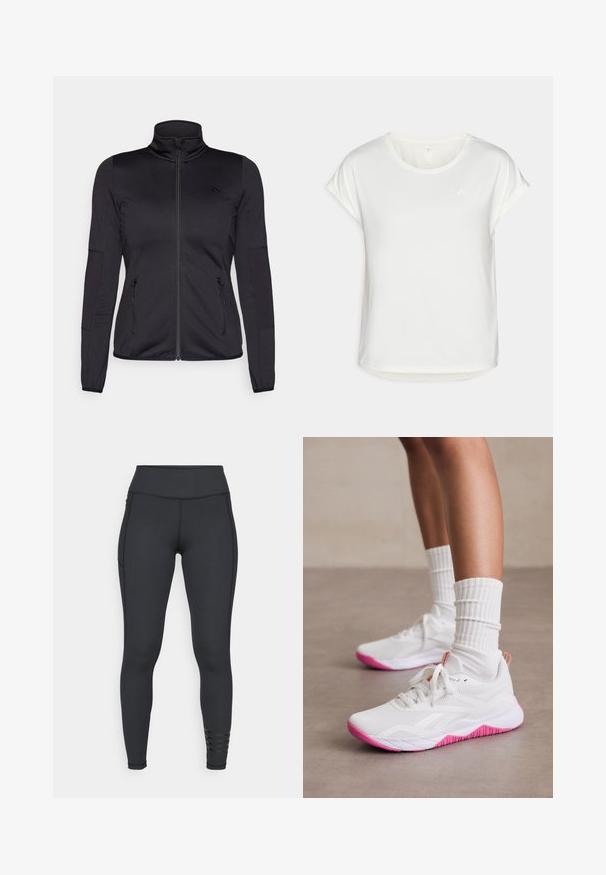Svart zip-up jakke med høy krage, laget av glatt, elastisk stoff, med to glidelås-lommer foran og teksturerte ermer.; Hvit kortermet t-skjorte med rund hals, laget av glatt stoff. Har rullede ermer og en subtil logo detalj på brystet.; Sorte leggings laget av elastisk materiale, med høy midjebånd, strømlinjeformet design og stripete detaljer nær ankelen.; Hvite sportssko med rosa detaljer, pustende mesh-overdel, teksturert såle og runde lisser, kombinert med hvite ribbestrikkede sokker.