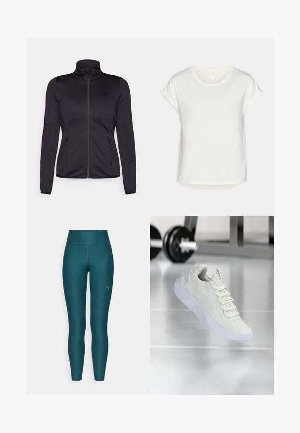 Jachetă neagră cu fermoar, cu guler înalt, confecționată dintr-un material neted și elastic, având două buzunare frontale cu fermoar și mâneci texturate.; T-shirt alb cu mânecă scurtă, cu decolteu rotund, fabricat dintr-un material neted. Prezintă mâneci răsucite și un detaliu subtil cu logo pe piept.; Legginguri sportive teal cu talie înaltă, dintr-un material elastic. Prezintă un logo mic pe partea inferioară a piciorului drept și cusături plate.; Sneaker sportiv alb cu o parte superioară din plasă texturată și sistem de șireturi, având o talpă albă cu un amortizor și accente subtile în formă de nervuri.