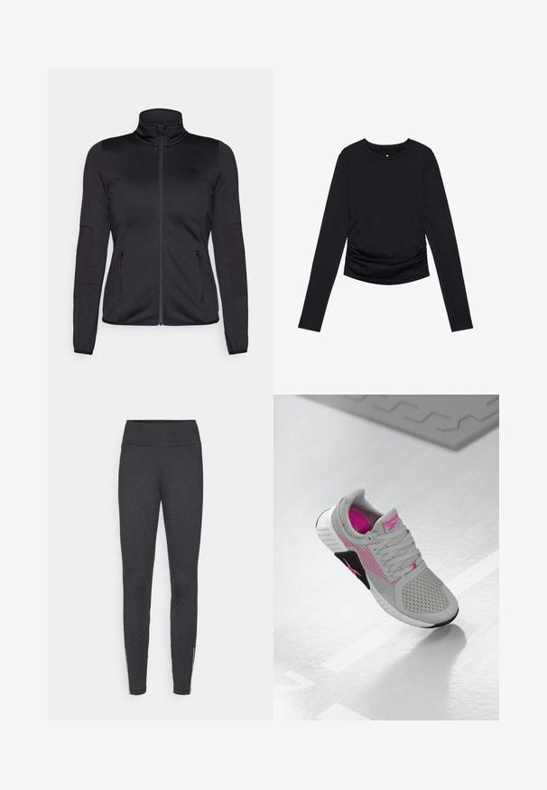 Zwarte zip-up jas met hoge kraag, gemaakt van een gladde, rekbare stof, met twee met rits gesloten voorzakken en gestructureerde mouwen.; Zwarte lange mouw top met een ronde halslijn en geplooide details aan de zijkanten, getoond tegen een plain witte achtergrond.; Donkergrijze leggings met een hoge tailleband, gemaakt van rekbare stof, met zijknippers bij de enkels en een gladde textuur.; Grijze en roze Reebok sport sneakers met een bovenkant van mesh en gedetailleerde zolen, uitgestald op een reflecterend wit oppervlak.