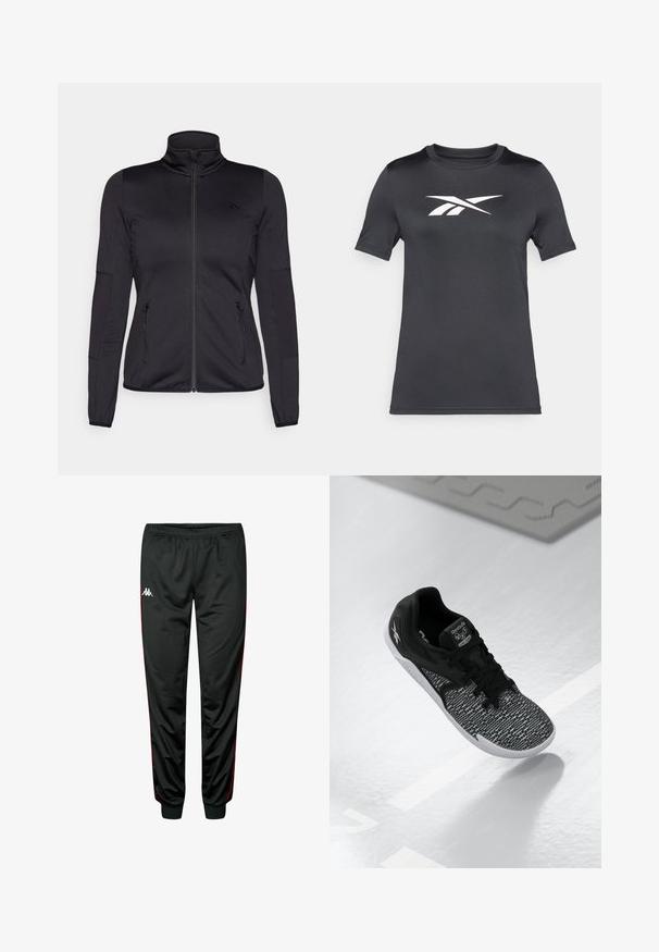 Černá bunda na zip s vysokým límcem, vyrobená z hladkého, elastického materiálu, se dvěma předními kapsami na zip a texturovanými rukávy.; černé tričko s krátkým rukávem vyrobené z hladké tkaniny, které má bílé logo na hrudi. Kulatý výstřih a klasický střih.; Černé sportovní kalhoty s červenými bočními pruhy, elastickým pasem, zúženými nohavicemi, vyrobené z hladké, lehké tkaniny. Na přední straně se nachází logo.; Černá sportovní obuv s texturovaným, vzorovaným síťovaným svrškem, černými tkaničkami a bílou podrážkou. Obsahuje logo Reebok na jazyku a boku.