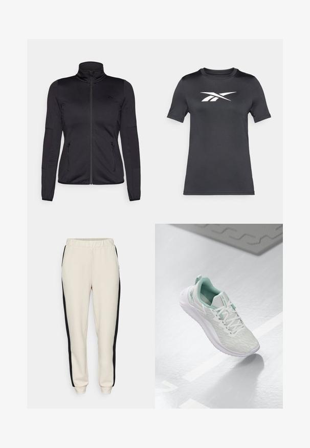 Čierna zipsová bunda s vysokým golierom, vyrobená z hladkého, elastického materiálu, so zipsovými prednými vreckami a štruktúrovanými rukávmi.; Čierne tričko s krátkym rukávom vyrobené z hladkej tkaniny s bielym logom na hrudi. Okrúhly výstrih a klasický strih.; Béžové tepláky s čiernymi bočnými pruhmi, elastický pás a zúžené členky. Vyrobené z mäkkého a pružného materiálu, vybavené bočnými vreckami.; Svetlošedé športové topánky s štruktúrovaným pleteným zvrškom, mätozelenými akcentmi, bielymi šnúrkami, gumovou podrážkou a pútkom na päte.