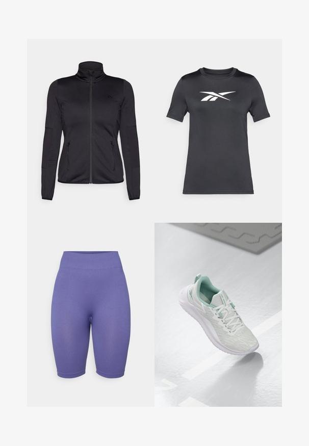 Melns zip-up jakas ar augstu apkakli, izgatavota no gludas, elastīgas auduma, ar divām kabatām priekšpusē ar rāvējslēdzējiem un teksturētām piedurknēm.; Melnā īsām piedurknēm T-krekls, kas izgatavots no gludas auduma, ar baltu logo uz krūtīm. Apaļa kakla izgriezums un parasta piegriezuma dizains.; Violeta augstā jostasvieta velosipēda šorti ar ribotu tekstūru, pieguļošu dizainu un vidējā augstumā līdz augšstilbiem. Nav ievērojamas aparatūras vai rakstu.; Gaišpelēka sporta apava ar teksturētu trikotāžas augšu, mentolzaļiem akcentiem, baltām šņorēm, gumijas zoli un cilpu uz papēža.