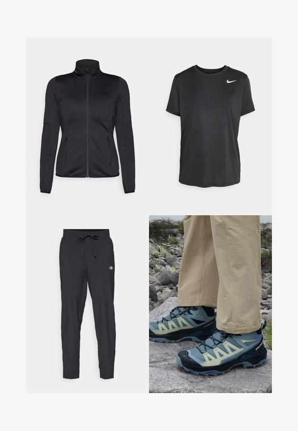 Melns zip-up jakas ar augstu apkakli, izgatavota no gludas, elastīgas auduma, ar divām kabatām priekšpusē ar rāvējslēdzējiem un teksturētām piedurknēm.; Melnas īsajām piedurknēm sporta T-krekls, kas izgatavots no gludas, vieglas auduma, ar nelielu baltu Nike logo augšējā kreisajā malā.; Melnas sporta bikses, izgatavotas no viegla materiāla, ar elastīgu jostu un regulējamu auklu. Uz sāniem ir neliels logo.; Salomon X ULTRA 360 MID GTX - Pārgājienu apavi - trooper/carbon/arona