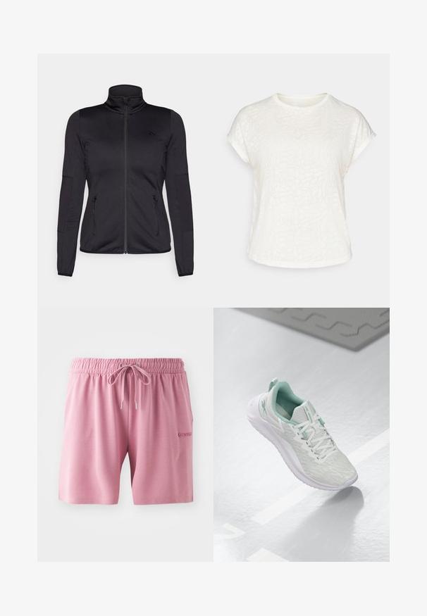 Svart zip-up jakke med høy krage, laget av glatt, elastisk stoff, med to glidelås-lommer foran og teksturerte ermer.; Hvit t-skjorte med korte ermer som har et teksturert blomstermønster, rund hals og avslappet passform. Laget av myk, lett stoff.; Lys rosa shorts laget av myk stoff, med elastisk midjebånd og snøring samt en liten logo på siden.; Lys grå idrettssko med en teksturert strikket overdel, mintgrønne detaljer, hvite snøringer, gummisåle og en løftestropp på hælen.