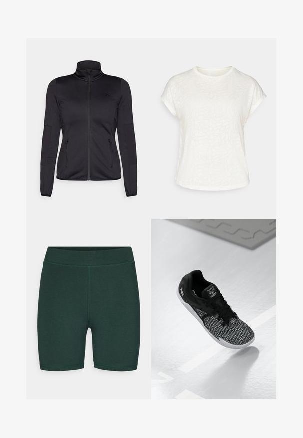 Črna jakna na zadrgo z visokim ovratnikom, izdelana iz gladkega, raztegljivega materiala, z dvema sprednjima žepoma na zadrgo in teksturiranimi rokavi.; Bela kratka majica s kratkimi rokavi z teksturiranim cvetličnim vzorcem, okroglim ovratnikom in sproščenim krojem. Narejena iz mehke, lahke tkanine.; ONLY Play ONPNOON LIFE SHORTS - Pajkice - scarab; Črne športne čevlje z teksturiranim, vzorčastim mrežastim zgornjim delom, črnimi vezalkami in belo podplatom. Vsebuje Reebokovo blagovno znamko na jeziku in strani.