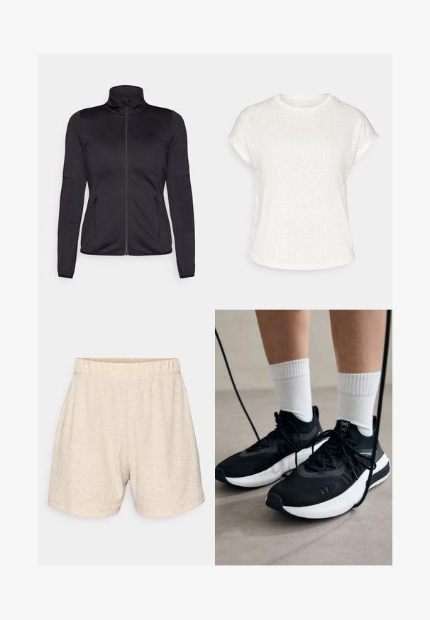 Schwarze Zip-Jacke mit hohem Kragen, gefertigt aus glattem, dehnbarem Material, mit zwei vorderen Reißverschlusstaschen und strukturierten Ärmeln.; Weißes T-Shirt mit kurzen Ärmeln, das ein strukturiertes Blumenmuster, einen runden Halsausschnitt und einen lässigen Schnitt aufweist. Hergestellt aus weichem, leichtem Stoff.; Beige, strukturierte Shorts mit einem elastischen Bund. Enthält dezente vertikale Streifen und ein lockeres, gerades Design. Keine Taschen.; Schwarze Sportschuhe aus strukturiertem Stoff, mit weißer Sohle und schwarzen Schnürsenkeln. Tragen mit weißen gerippten Socken, stehen auf einer hellen Fläche.