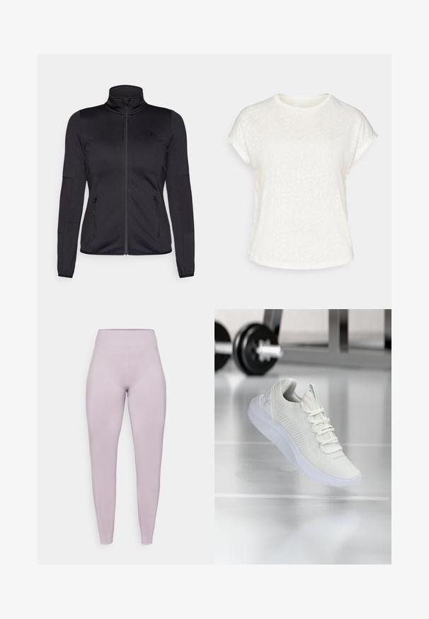 Chaqueta negra con cremallera y cuello alto, confeccionada en un tejido liso y elástico, que cuenta con dos bolsillos delanteros con cremallera y mangas con textura.; Camiseta blanca de manga corta con un patrón floral texturizado, cuello redondo y corte relajado. Fabricada en un tejido suave y ligero.; Leggings en lavanda claro, fabricados con material elástico. Presentan una cinturilla elevada acanalada y una textura suave con líneas diagonales sutiles en las piernas.; Zapatilla deportiva blanca con parte superior de malla texturizada y sistema de cordones, que presenta una suela blanca acolchada y sutiles acentos acanalados.