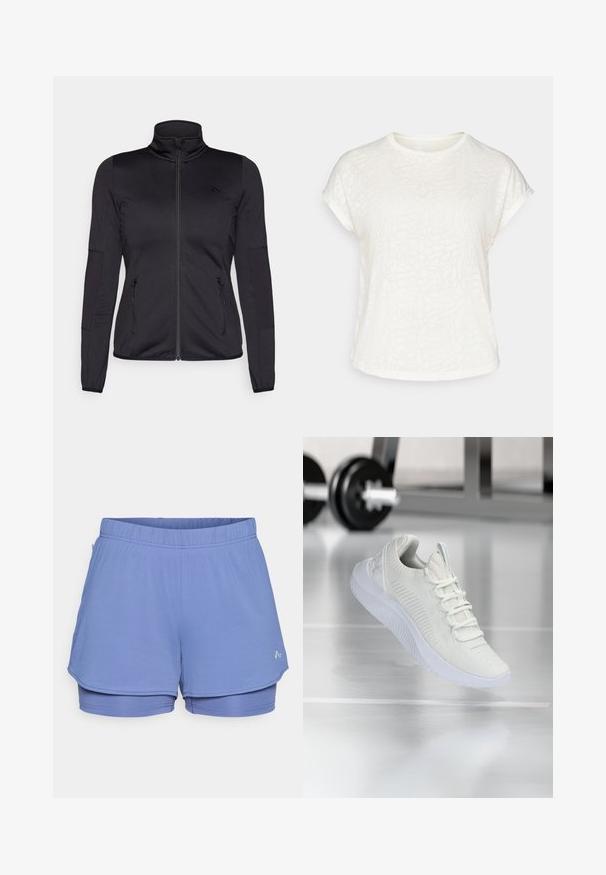 Črna jakna na zadrgo z visokim ovratnikom, izdelana iz gladkega, raztegljivega materiala, z dvema sprednjima žepoma na zadrgo in teksturiranimi rokavi.; Bela kratka majica s kratkimi rokavi z teksturiranim cvetličnim vzorcem, okroglim ovratnikom in sproščenim krojem. Narejena iz mehke, lahke tkanine.; Svijetloplave atletske šortse izrađene od teksturirane tkanine, sa elastičnom stražnjom trakom, unutarnjom podstavom i suptilnim logotipom sa strane.; Bela športna teniska z mrežastim zgornjim delom z teksturo in sistemom vezalk, ki ima oblazinjen beli podplat in subtilne rebraste detajle.