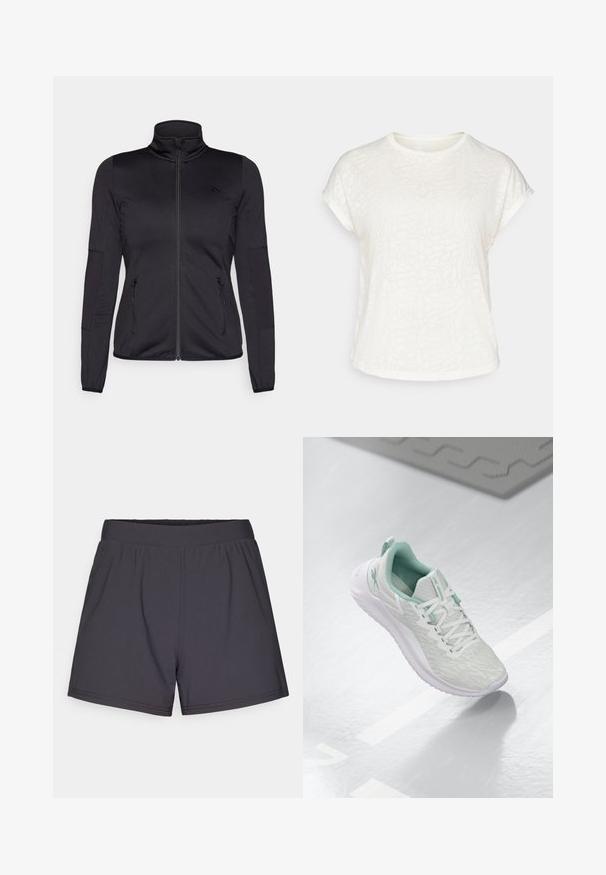 Crna jakna s patentnim zatvaračem i visokim ovratnikom, napravljena od glatkog, rastezljivog materijala, s dva prednja džepa na patentni zatvarač i teksturiranim rukavima.; Bijela majica kratkih rukava s teksturiranim cvjetnim uzorkom, okruglim izrezom i opuštenim krojem. Izrađena od mekog, laganog materijala.; Crne sportske kratke hlače izrađene od lagane, rastezljive tkanine. Imaju elastičnu sredinu i jednostavan, neukrašen dizajn.; Svijetlosivi atletski tenisice s teksturiranim pletenim gornjim dijelom, mint zelenim detaljima, bijelim vezicama, gumeni potplat i petni nastavak.