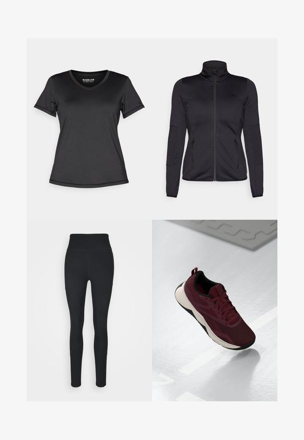 Black zip-up jacket with a high collar, constructed from smooth, stretchy fabric, featuring two zippered front pockets and textured sleeves.; Black short-sleeve v-neck t-shirt made from smooth, lightweight material. Features stitched hems and a logo on the sleeve. Simple design.; Black leggings made of stretchy fabric, featuring a high waistband, ribbed panels on the sides, and a fitted design tapering at the ankles.; Maroon athletic shoe with mesh upper, black accents, and a cushioned white sole. Features lace-up closure and pull tab at the heel.