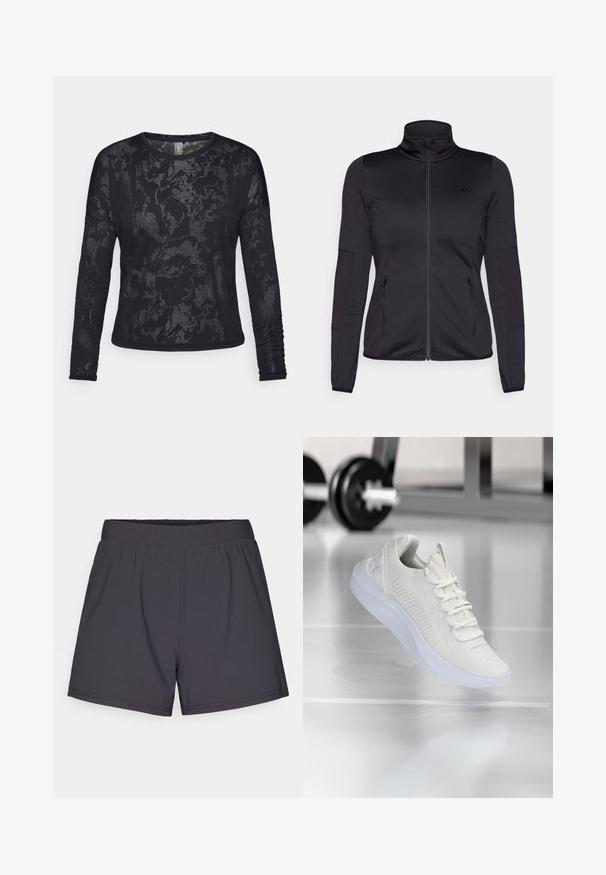 Jachetă neagră cu fermoar, cu guler înalt, confecționată dintr-un material neted și elastic, având două buzunare frontale cu fermoar și mâneci texturate.; Cămașă neagră cu mâneci lungi, dintr-un material texturat cu un model discret. Prezintă un guler rotund și detalii pliate pe mâneci.; Șorturi atletice negre, realizate dintr-un material ușor și elastic. Prezintă un waistband elastic și un design simplu, fără ornamente.; Sneaker sportiv alb cu o parte superioară din plasă texturată și sistem de șireturi, având o talpă albă cu un amortizor și accente subtile în formă de nervuri.