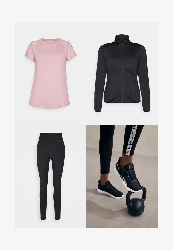 Svart zip-up jacka med hög krage, tillverkad av mjukt, stretchigt tyg, med två fickor framtill som stängs med dragkedja och texturerade ärmar.; Ljusrosa tränings-T-shirt tillverkad av mjukt tyg, med korta meshärmar och rundad halsringning, i en strömlinjeformad design med böjd nederkant.; Svarta leggings i stretchigt material, med hög midja, ribbade paneler på sidorna och en figurnära design som smalnar av vid anklarna.; Svarta träningsskor med en texturerad ovandel, vit sula och grå accentfärger, placerade på en svart kettlebell med ett blått streck, mot en neutral bakgrund.