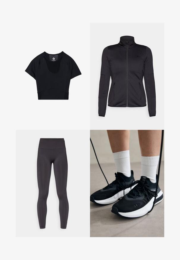Chaqueta negra con cremallera y cuello alto, confeccionada en un tejido liso y elástico, que cuenta con dos bolsillos delanteros con cremallera y mangas con textura.; Top corto atlético negro con mangas cortas, con un cuello redondo, detalles de panel texturizado y un diseño ajustado para un aspecto estilizado.; ONLY Play ONPSCULP SEAM - Leggings - black; Zapatillas deportivas negras con tela texturizada, suela blanca y cordones negros. Llevadas con calcetines blancos de canalé, de pie sobre una superficie clara.
