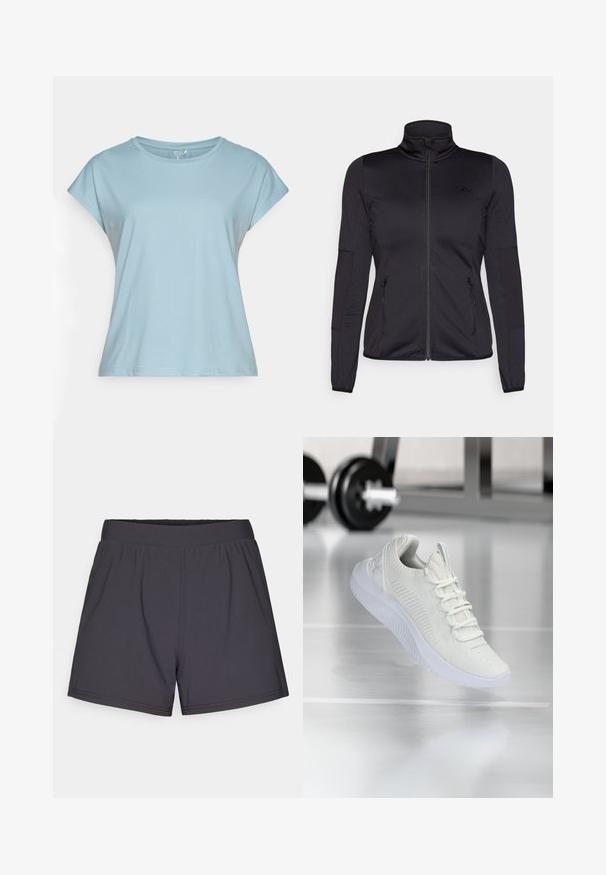 Must ehk üles tõmmatav jakk, millel on kõrge krae, valmistatud siledast ja venivast kangast, millel on kaks lukuga esikotid ja tekstureeritud varrukad.; Hele sinine lühikeste varrukatega T-särk, mis on valmistatud pehmest kangast. Omab ümarat kaelust, vabalt langevat lõiget ja õmmeldud ääri. Ilma mustrite ja kaunistusteta.; Mustad mustriteta lühikesed spordipüksid, mis on valmistatud kergest ja venivast kangast. Omavad elastset vööd ja lihtsat, kaunistusteta disaini.; Valge sportlik tennis, millel on tekstureeritud võrkkangas ülemine osa ja nööbilukusüsteem, millel on pehme valge tall ning delikaatsed ribalised aksendid.