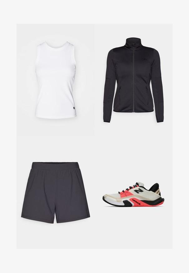 Jaqueta preta com fecho éclair e gola alta, feita de um tecido liso e elástico, apresentando dois bolsos frontais com fecho éclair e mangas texturizadas.; Top branco sem mangas feito de tecido suave, com decote arredondado e um pequeno logótipo preto na bainha. Design simples, sem padrões.; Calções atléticos pretos feitos de um tecido leve e elástico. Apresentam uma cintura elástica e um design simples, sem adornos.; New Balance MINIMUS TR - Sapatilha de treino - sea salt