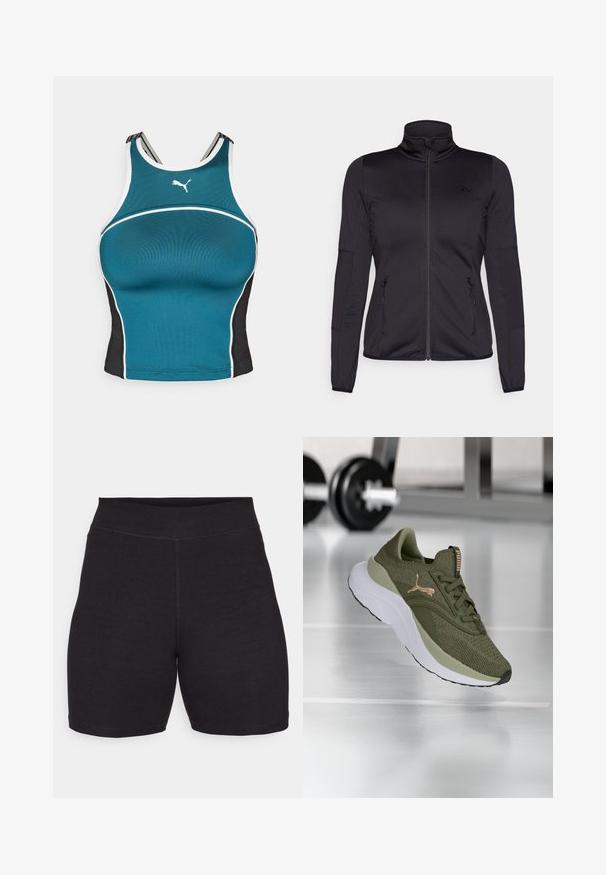 Jaqueta preta com fecho éclair e gola alta, feita de um tecido liso e elástico, apresentando dois bolsos frontais com fecho éclair e mangas texturizadas.; Top de treino em teal feito de material canelado, com laterais pretas e detalhes brancos. Apresenta o logótipo da Puma no peito e alças ajustáveis.; Calções de ciclismo pretos com uma cintura alta, feitos de um tecido elástico e suave. Apresentam costuras planas e uma textura lisa para conforto.; Sapatilha atlética verde-oliva com um superior de malha texturizada, detalhes em verde claro contrastantes e uma sola espessa branca. Detalhe do logotipo dourado na lateral.